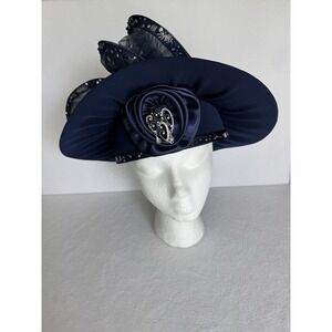 Ben Marc International Navy Church Hat Embellished Floral Ribbon Dressy